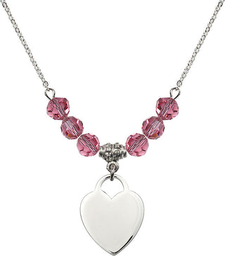 18" Rhodium Plated Necklace with 4mm Rose Crystal Beads featuring a Sterling Silver Heart Medal. Engraved Catholic Saint Jewelry