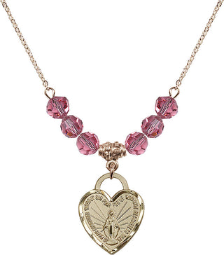 18" Hamilton Gold Plated Necklace with 4mm Rose Crystal Beads featuring a 14kt Gold Filled Miraculous Heart Medal. Engraved Catholic Saint Jewelry