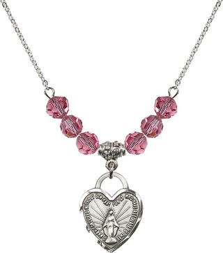 18" Rhodium Plated Necklace with 4mm Rose Crystal Beads featuring a Sterling Silver Miraculous Heart Medal. Engraved Catholic Saint Jewelry