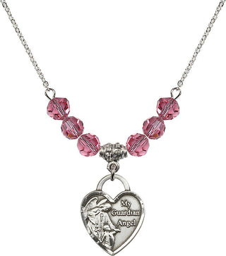 18" Rhodium Plated Necklace with 4mm Rose Crystal Beads featuring a Sterling Silver Guardian Angel Heart Medal. Engraved Catholic Saint Jewelry
