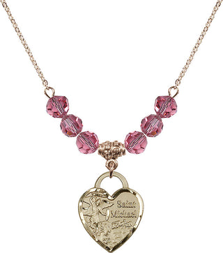 18" Hamilton Gold Plated Necklace with 4mm Rose Crystal Beads featuring a 14kt Gold Filled Saint Michael the Archangel Medal. Engraved Catholic Saint Jewelry