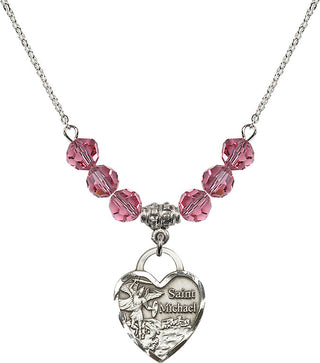 18" Rhodium Plated Necklace with 4mm Rose Crystal Beads featuring a Sterling Silver Saint Michael the Archangel Medal. Engraved Catholic Saint Jewelry