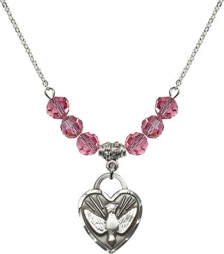 18" Rhodium Plated Necklace with 4mm Rose Crystal Beads featuring a Sterling Silver Confirmation Heart Medal. Engraved Catholic Saint Jewelry
