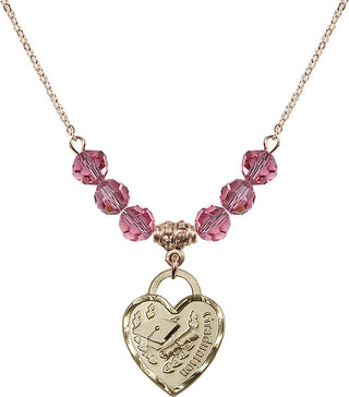 18" Hamilton Gold Plated Necklace with 4mm Rose Crystal Beads featuring a 14kt Gold Filled Graduation Heart Medal. Engraved Catholic Saint Jewelry