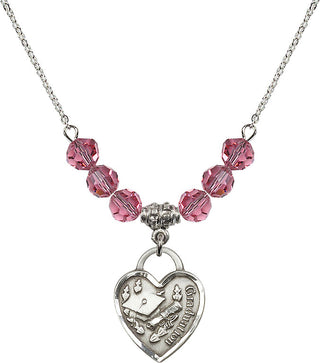18" Rhodium Plated Necklace with 4mm Rose Crystal Beads featuring a Sterling Silver Graduation Heart Medal. Engraved Catholic Saint Jewelry