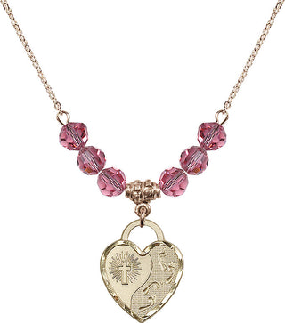 18" Hamilton Gold Plated Necklace with 4mm Rose Crystal Beads featuring a 14kt Gold Filled Footprints Heart Medal. Engraved Catholic Saint Jewelry