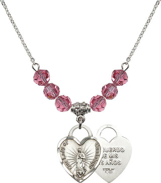 18" Rhodium Plated Necklace with 4mm Rose Crystal Beads featuring a Sterling Silver Our Lady Guadalupe Heart / Recuerdo Medal.