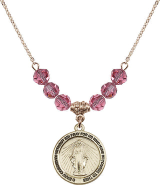 18" Hamilton Gold Plated Necklace with 4mm Rose Crystal Beads featuring a 14kt Gold Filled Miraculous Medal.