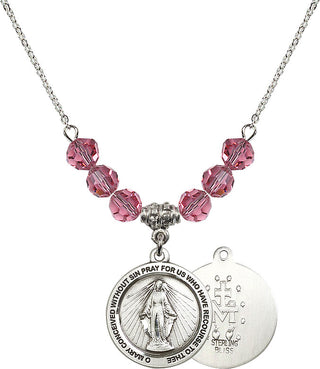 18" Rhodium Plated Necklace with 4mm Rose Crystal Beads featuring a Sterling Silver Miraculous Medal.