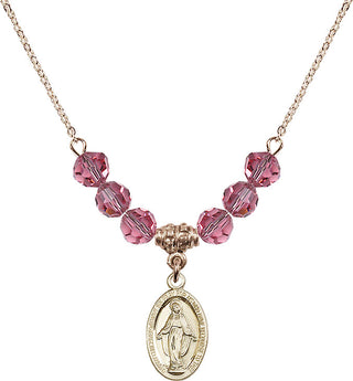 18" Hamilton Gold Plated Necklace with 4mm Rose Crystal Beads featuring a 14kt Gold Filled Miraculous Medal.
