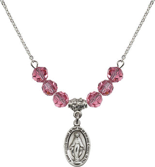 18" Rhodium Plated Necklace with 4mm Rose Crystal Beads featuring a Sterling Silver Miraculous Medal.