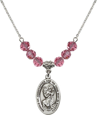 18" Rhodium Plated Necklace with 4mm Rose Crystal Beads featuring a Sterling Silver Saint Christopher Medal. Engraved Catholic Saint Jewelry