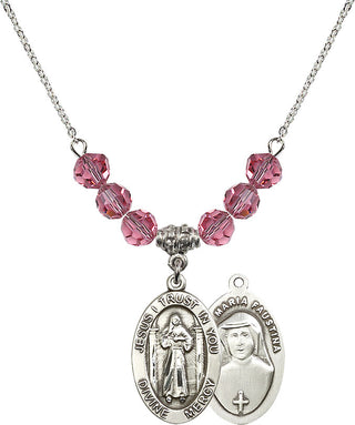18" Rhodium Plated Necklace with 4mm Rose Crystal Beads featuring a Sterling Silver Divine Mercy Medal.