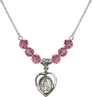 18" Rhodium Plated Necklace with 4mm Rose Crystal Beads featuring a Sterling Silver Miraculous Medal.
