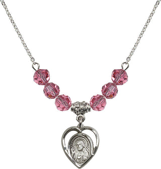 18" Rhodium Plated Necklace with 4mm Rose Crystal Beads featuring a Sterling Silver Scapular Medal.