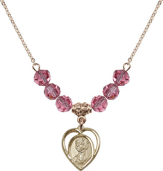 18" Hamilton Gold Plated Necklace with 4mm Rose Crystal Beads featuring a 14kt Gold Filled Saint Christopher Medal.