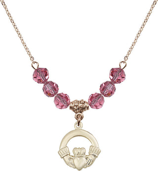 18" Hamilton Gold Plated Necklace with 4mm Rose Crystal Beads featuring a 14kt Gold Filled Claddagh Medal.