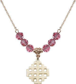 18" Hamilton Gold Plated Necklace with 4mm Rose Crystal Beads featuring a 14kt Gold Filled Jerusalem Cross Medal.