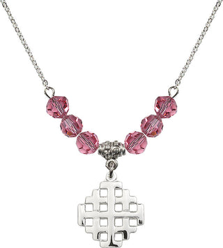 18" Rhodium Plated Necklace with 4mm Rose Crystal Beads featuring a Sterling Silver Jerusalem Cross Medal.