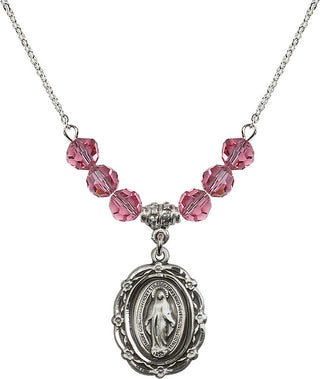 18" Rhodium Plated Necklace with 4mm Rose Crystal Beads featuring a Sterling Silver Miraculous Medal.
