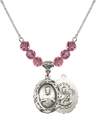 18" Rhodium Plated Necklace with 4mm Rose Crystal Beads featuring a Sterling Silver Scapular Medal.