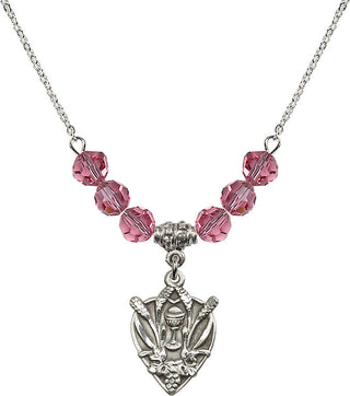 18" Rhodium Plated Necklace with 4mm Rose Crystal Beads featuring a Sterling Silver Communion Medal.
