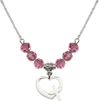 18" Rhodium Plated Necklace with 4mm Rose Crystal Beads featuring a Sterling Silver Heart / Cross Medal.
