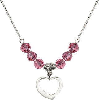 18" Rhodium Plated Necklace with 4mm Rose Crystal Beads featuring a Sterling Silver Heart Medal.