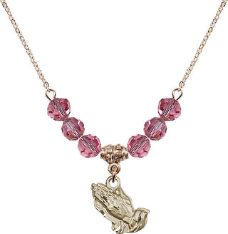18" Hamilton Gold Plated Necklace with 4mm Rose Crystal Beads featuring a 14kt Gold Filled Praying Hands Medal.