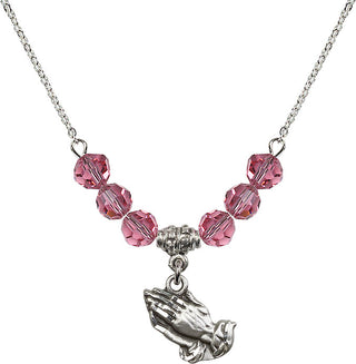 18" Rhodium Plated Necklace with 4mm Rose Crystal Beads featuring a Sterling Silver Praying Hands Medal.