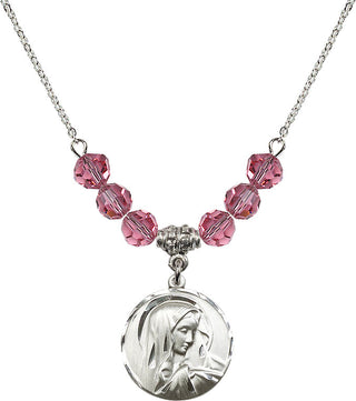 18" Rhodium Plated Necklace with 4mm Rose Crystal Beads featuring a Sterling Silver Sorrowful Mother Medal.