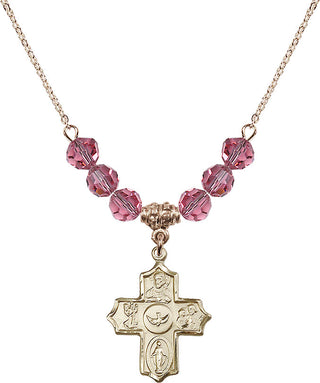 18" Hamilton Gold Plated Necklace with 4mm Rose Crystal Beads featuring a 14kt Gold Filled 5-Way Medal.