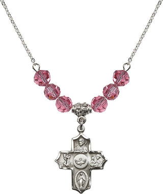 18" Rhodium Plated Necklace with 4mm Rose Crystal Beads featuring a Sterling Silver 5-Way Medal.