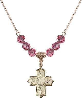 18" Hamilton Gold Plated Necklace with 4mm Rose Crystal Beads featuring a 14kt Gold Filled 4-Way Medal.