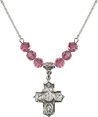 18" Rhodium Plated Necklace with 4mm Rose Crystal Beads featuring a Sterling Silver 4-Way Medal.