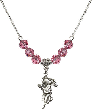 18" Rhodium Plated Necklace with 4mm Rose Crystal Beads featuring a Sterling Silver Guardian Angel Medal.