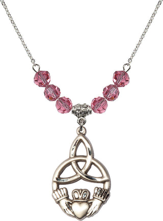 18" Rhodium Plated Necklace with 4mm Rose Crystal Beads featuring a Sterling Silver Irish Knot / Claddagh Medal.