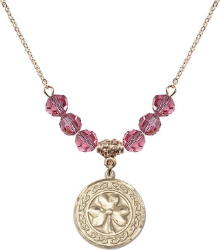18" Hamilton Gold Plated Necklace with 4mm Rose Crystal Beads featuring a 14kt Gold Filled Shamrock with Celtic Border Medal.