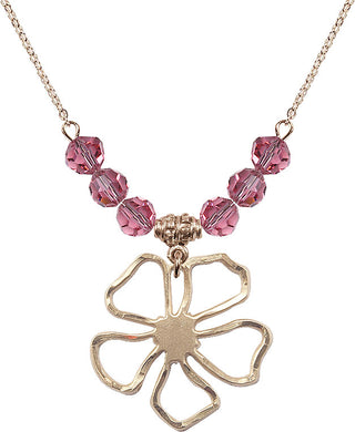 18" Hamilton Gold Plated Necklace with 4mm Rose Crystal Beads featuring a 14kt Gold Filled Five Pedal Flower Medal.