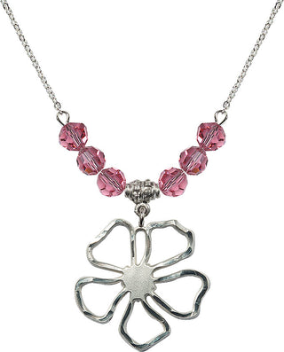 18" Rhodium Plated Necklace with 4mm Rose Crystal Beads featuring a Sterling Silver Five Pedal Flower Medal.