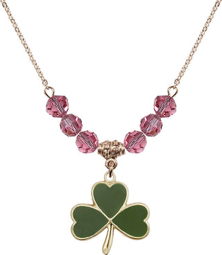 18" Hamilton Gold Plated Necklace with 4mm Rose Crystal Beads featuring a 14kt Gold Filled Shamrock Medal.