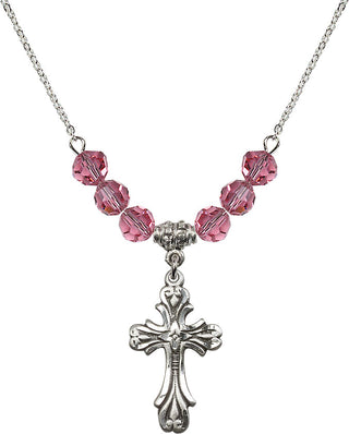 18" Rhodium Plated Necklace with 4mm Rose Crystal Beads featuring a Sterling Silver Cross Medal.