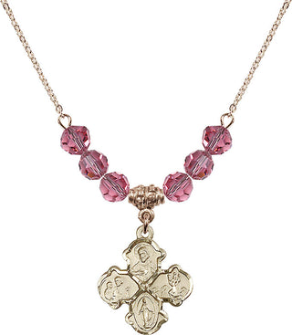 18" Hamilton Gold Plated Necklace with 4mm Rose Crystal Beads featuring a 14kt Gold Filled 4-Way Medal.