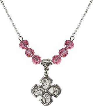 18" Rhodium Plated Necklace with 4mm Rose Crystal Beads featuring a Sterling Silver 4-Way Medal.