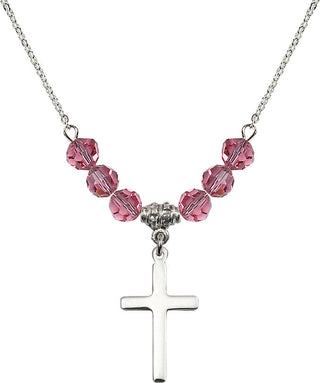 18" Rhodium Plated Necklace with 4mm Rose Crystal Beads featuring a Sterling Silver Cross Medal.