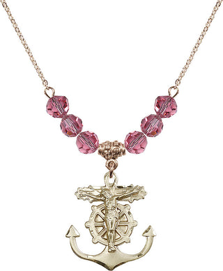 18" Hamilton Gold Plated Necklace with 4mm Rose Crystal Beads featuring a 14kt Gold Filled Anchor Crucifix Medal.