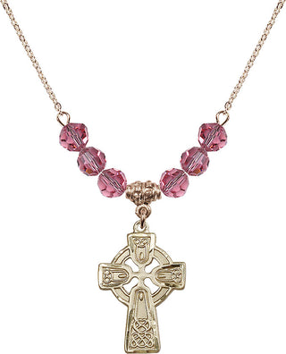 18" Hamilton Gold Plated Necklace with 4mm Rose Crystal Beads featuring a 14kt Gold Filled Celtic Cross Medal.