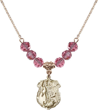 18" Hamilton Gold Plated Necklace with 4mm Rose Crystal Beads featuring a 14kt Gold Filled Saint Michael the Archangel Medal. Engraved Catholic Saint Jewelry