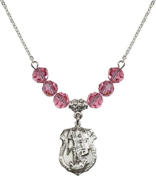 18" Rhodium Plated Necklace with 4mm Rose Crystal Beads featuring a Sterling Silver Saint Michael the Archangel Medal. Engraved Catholic Saint Jewelry