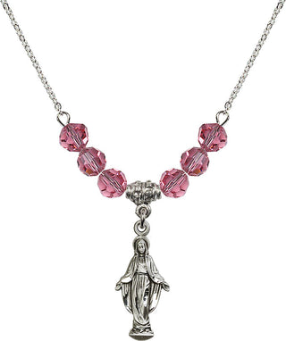 18" Rhodium Plated Necklace with 4mm Rose Crystal Beads featuring a Sterling Silver Miraculous Medal.
